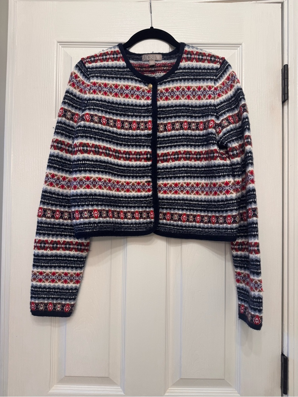 J. Crew Navy Red White Fair Isle Cropped Jacket Small Wool blend